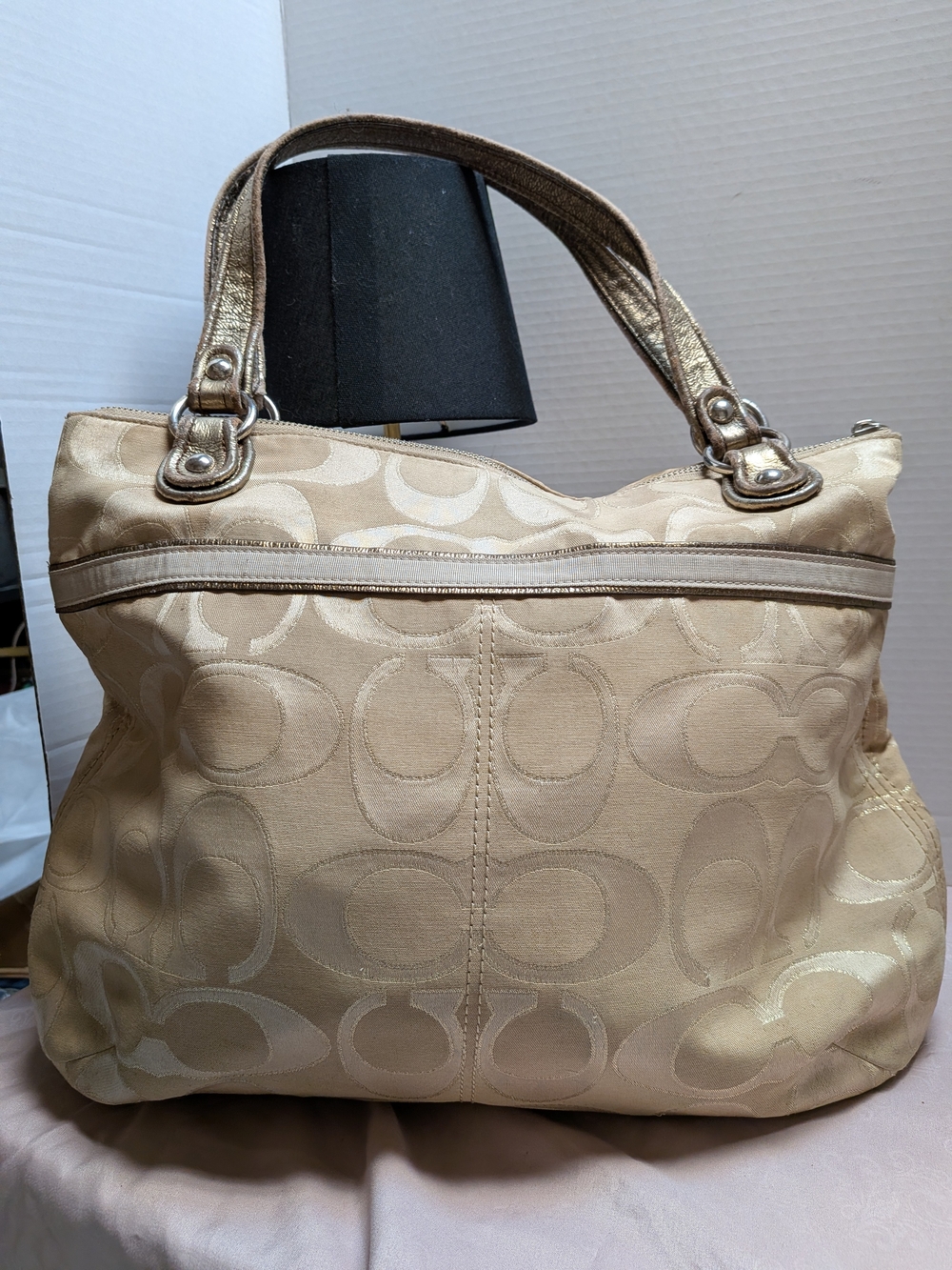 Coach Beige Signature Jacquard Tote with Metallic Straps